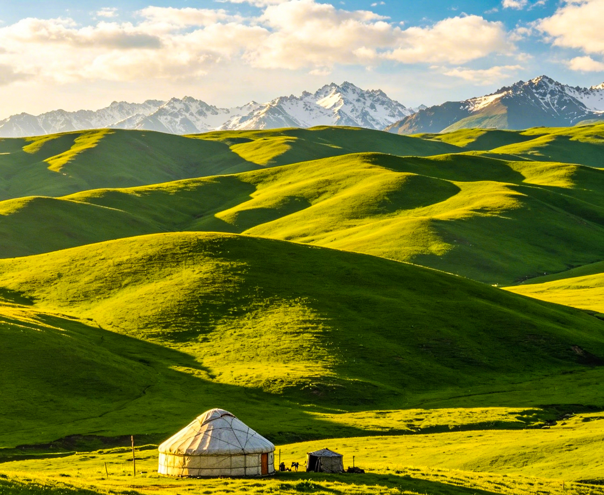 那拉提空中草原夏季牧场，雪山云杉与哈萨克毡房点缀的立体草原