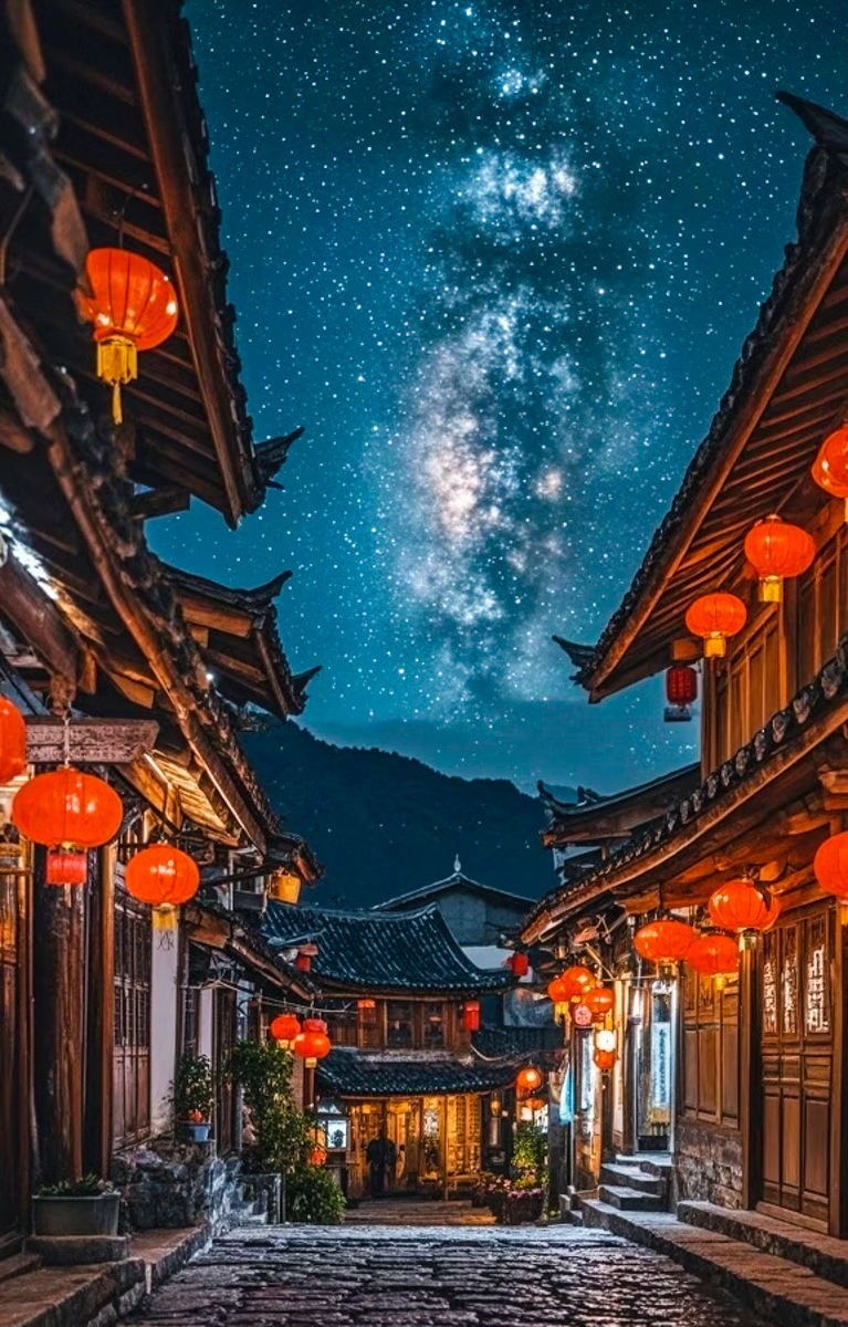 丽江玉龙雪山与古城青瓦屋顶同框的清晨，远山如黛云海翻涌的高原风光